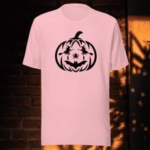 Playera De Halloween " Calabaza con ojos de bruja y boca de Murciélago ". Fantasmas. Calabazas, Brujas Calaveras. Día de Muertos. Playera 100% de Algodón. Manga Corta. Cuello Redondo. - Rosa - Ver 2