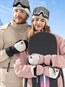 男女通用1對黑色滑雪手套。單板滋潤、防水、連指、內部五指充氣囊、護腕、觸摸屏幕、多種顏色可選