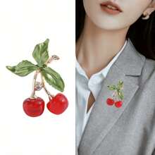 1pc Enamel Alloy & Rhinestone Decor Cherry Fruit Brooch 2023 New Arrival Simple And Fashionable Accessory - Red - View 2