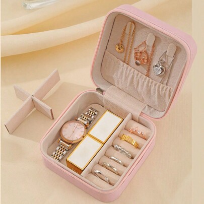 1 Pezzo Scatola Portagioie Minimalista In PU Rosa Portatile Per Donne, Adatta Per Conservare Anelli E Collane