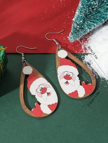 1對時尚創意雙面彩繪聖誕老人木質耳環,女性穿戴節日佳品,作為聖誕禮物完美選擇
