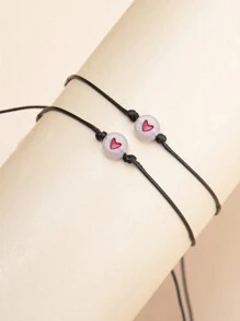 2pcs Night-Luminous Flat Bead Braided Bracelet, Adjustable Heart Pattern Hand Accessory For Best Friends/Couples Valentines,Mom,Mother,Mother's Day,Gift