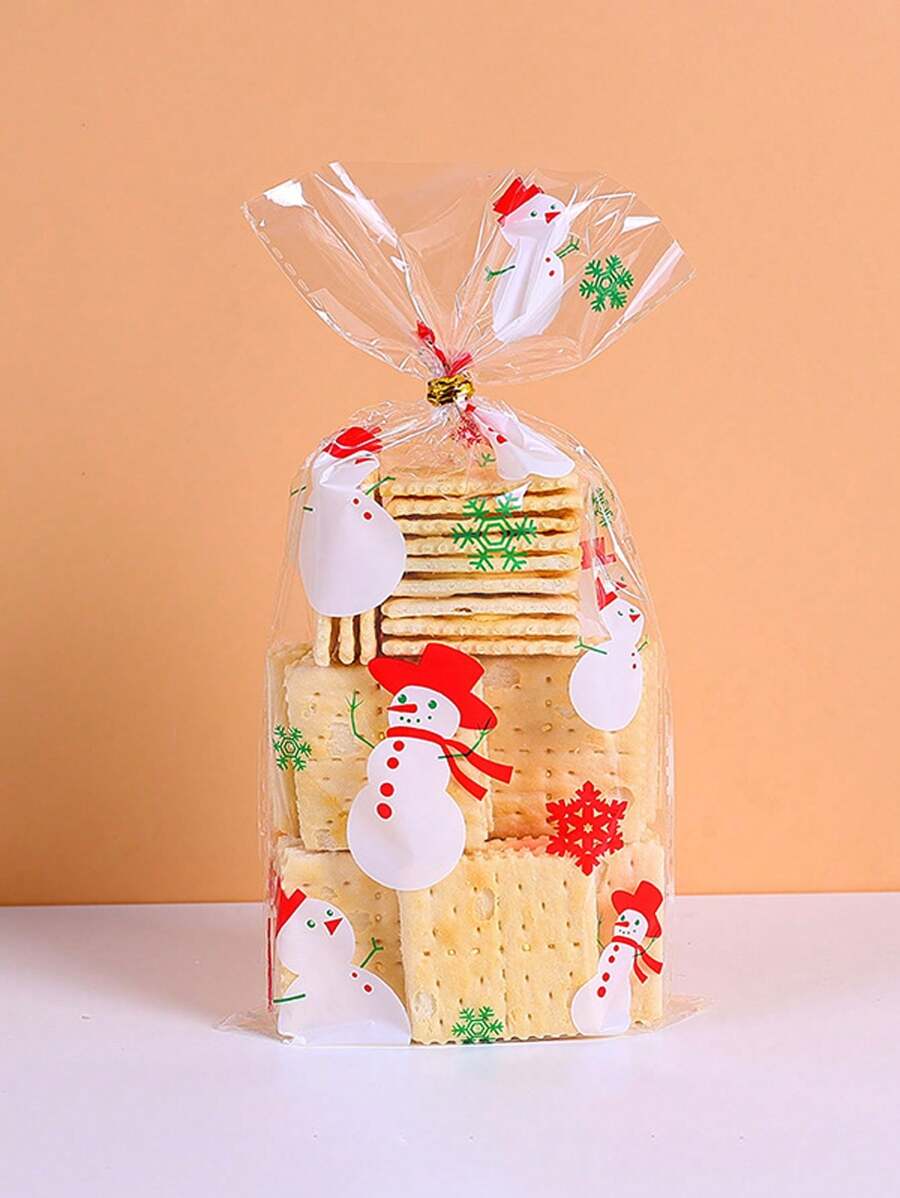 50入組聖誕雪人餅乾包裝袋糖果食品禮品袋,適用於烘焙雪花餅乾、甜食、焦糖甜點、椰棗等,自封口設計