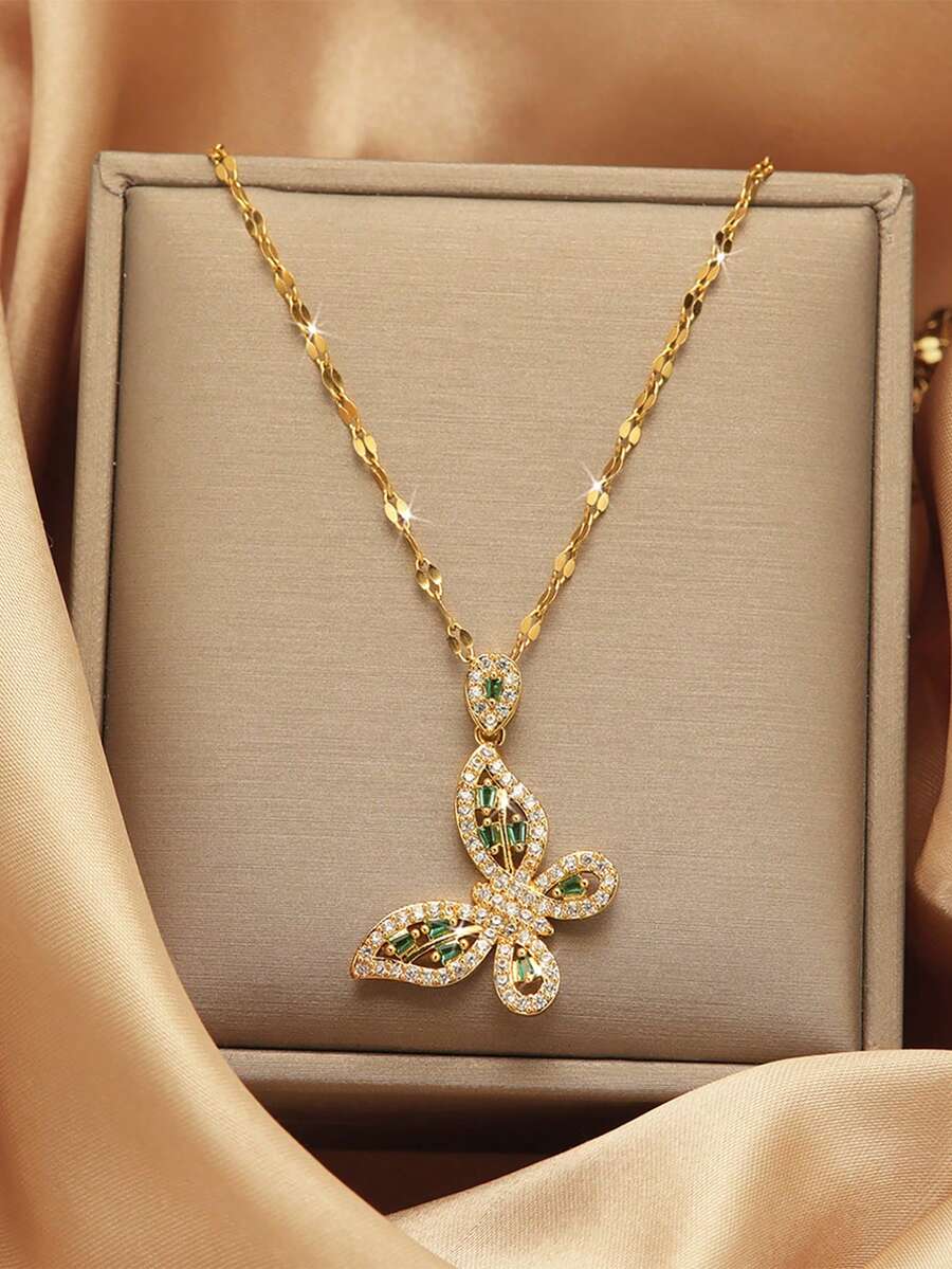 1入組全水鑽綠色蝴蝶吊墜女性項鍊