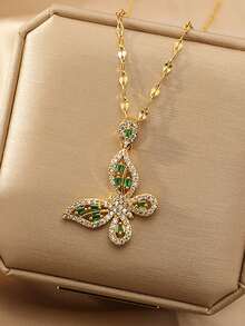 1入組全水鑽綠色蝴蝶吊墜女性項鍊