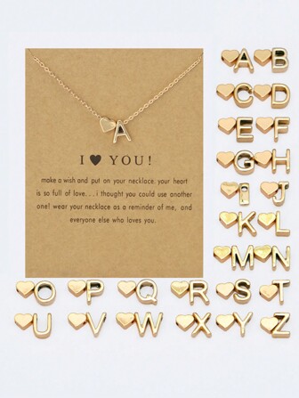1入組女士愛心鍍金項鍊附字母吊墜 (a~z)，附祝福卡與鎖骨鏈