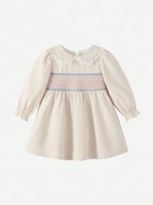 Vestido De Otoño Para Niñas De Bloque De Color En Color Blanco Roto - Albaricoque - Ver 1