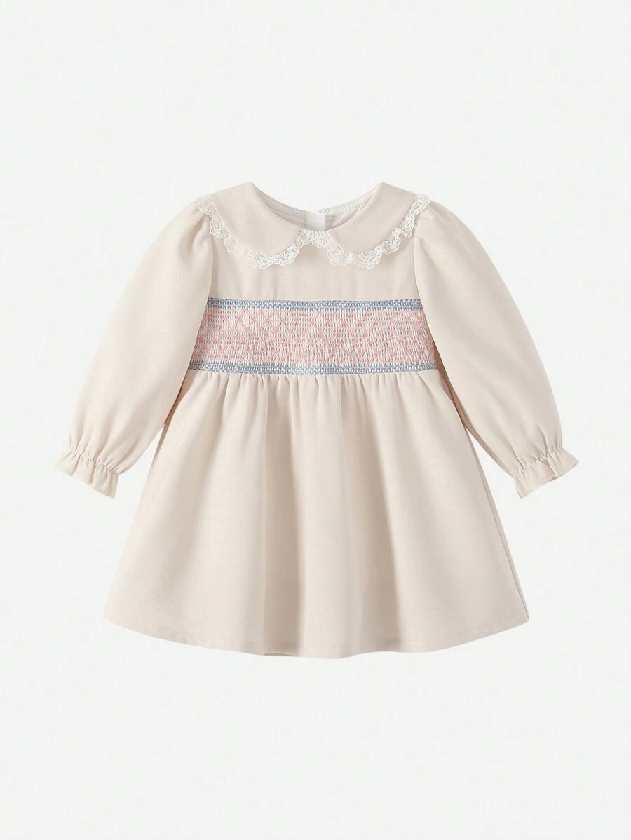 Vestido De Otoño Para Niñas De Bloque De Color En Color Blanco Roto - Albaricoque - Ver 1