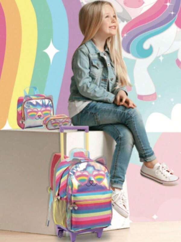Kit 3 Em 1 Mochila Infantil Escolar Conjunto Lanceira Estojo Menina Bonita Gatinho