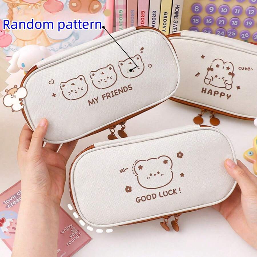 1pc Stationery Storage Bag Pencil Case With Large Capacity For Junior High School Students, Random Pattern Delivery - White - View 1