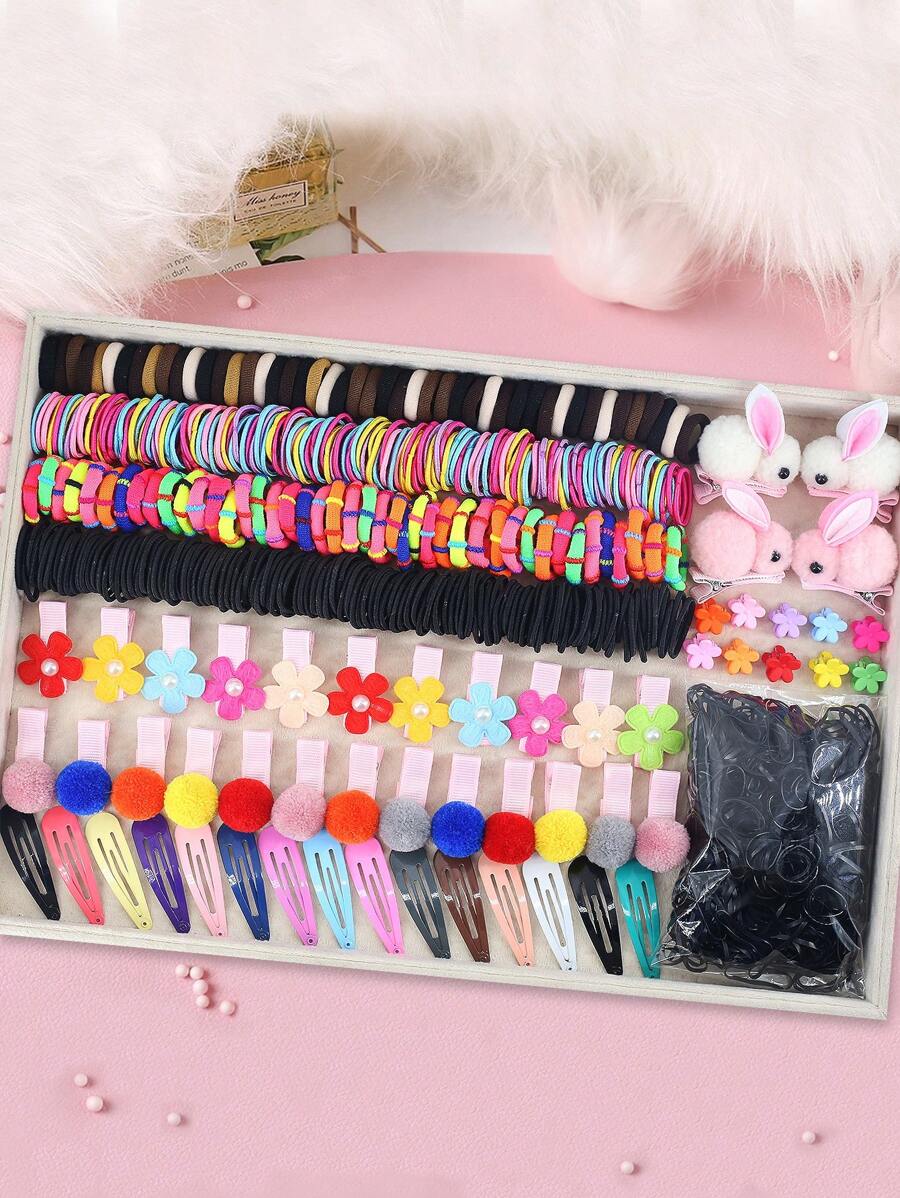 624 件/套 女孩毛球花朵毛绒兔子公主头带发箍发夹发饰日常造型