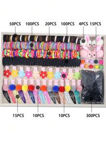 624 件/套 女孩毛球花朵毛绒兔子公主头带发箍发夹发饰日常造型