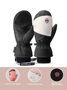 男女通用1對黑色滑雪手套。單板滋潤、防水、連指、內部五指充氣囊、護腕、觸摸屏幕、多種顏色可選