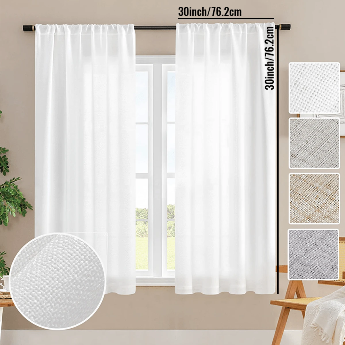 TEXSTEAD 2pcs/Set, Linen Textured Semi Sheer Curtain Rod Pocket Window Treatment, Light Filtering Privacy Curtain Farmhouse Curtains For Living Room Bedroom Home Decor - White - View 1