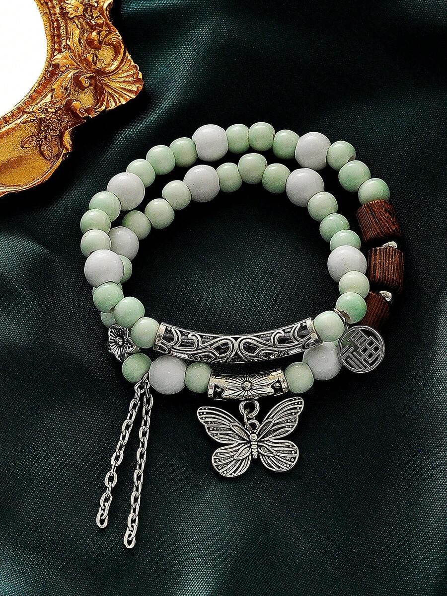 1條復古時尚的波西米亞風格蝴蝶&花卉串珠手鍊,個性化及有創意的設計,適合女士日常佩戴,派對,節日禮物,珠寶飾品