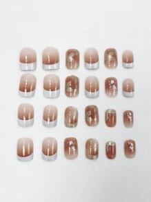 24pcs/set Short Square Shiny Gold Color False Nails With Jelly Glue And Nail File For Party Decoration - Multicolor - View 3