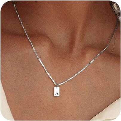 TUANZISP 1pc Silver Plated Rectangular Pendant Necklace With 26 Alphabet Letters - Elegant & Fashionable Ladies' Jewelry Gift