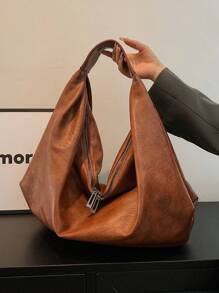 大号复古风单肩包，容量充足的PU皮革手提包，女士休闲单肩/腋下包，带拉链，适合购物、通勤、工作和上学，是大学生、上班族和年轻职业女性的理想之选，简约风格女士手提包，复古女包