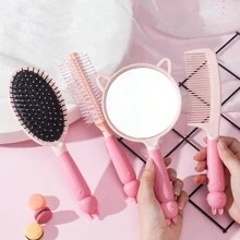 女士們卡其色&粉色的卡通可愛柔軟的梳子&鏡子套裝,家庭使用頭皮子午線按摩梳 - 粉色 - 查看 1