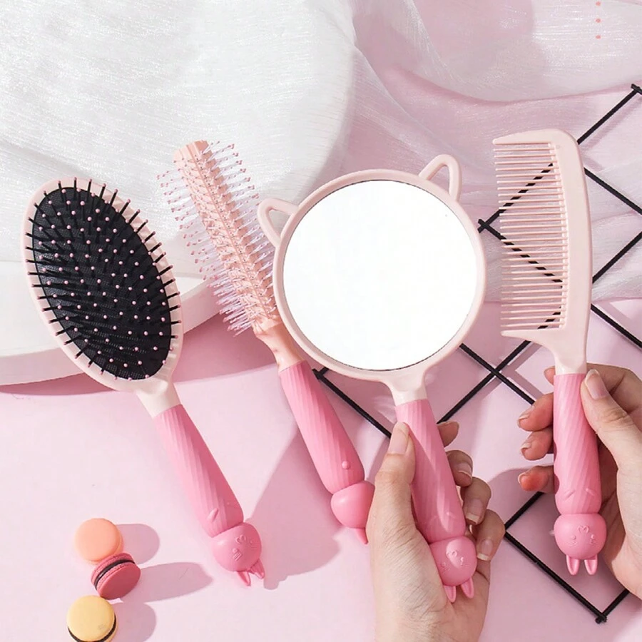 女士們卡其色&粉色的卡通可愛柔軟的梳子&鏡子套裝,家庭使用頭皮子午線按摩梳 - 粉色 - 查看 1
