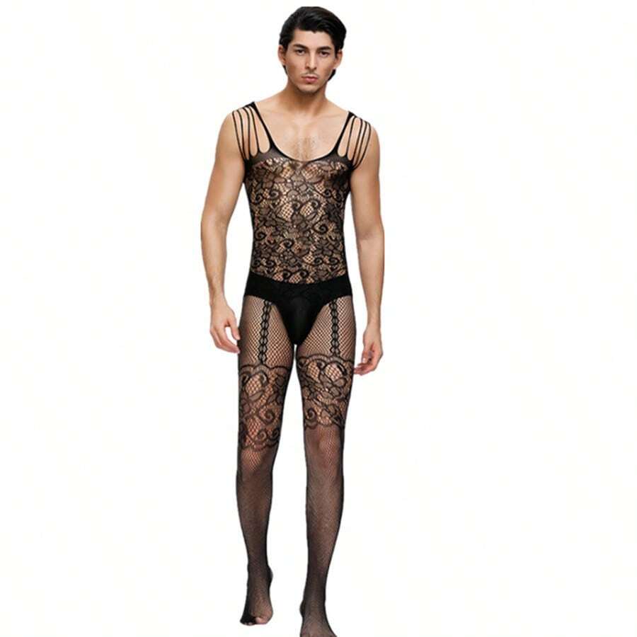 1件男士開档吊帶連褲襪,純薄網眼空心絲襪性感彈力絲襪(不包括內褲)