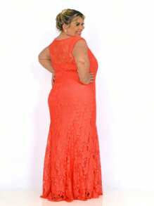 VESTIDO LONGO FESTA DE RENDA FLORAL BORDADA LARANJA, FORRADO PLUS SIZE