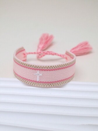 An Embroidered Cross Bohemian Handwoven Web Tassel Bracelet