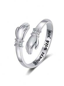 歐美創意擁抱愛雙手水鑽鑲嵌情人戒指帶雕刻可調開口溫馨禮物