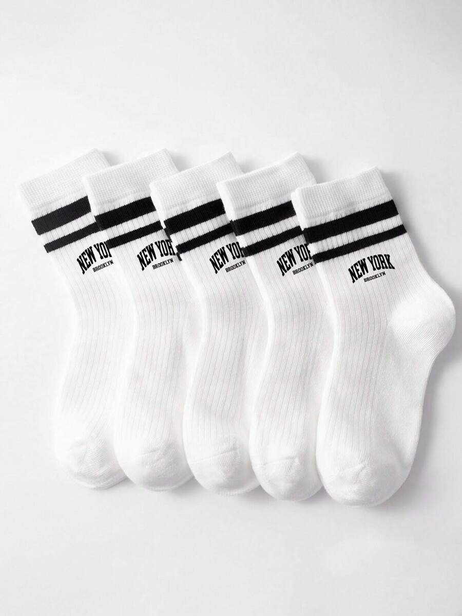 5pairs/Pack Two Stripes Letter Sport Mid-Calf Socks For Kids, Suitable For Daily Wear