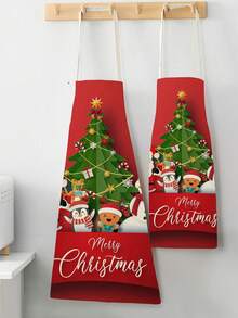 1pc Christmas Themed Linen Apron With Santa Claus, Christmas Tree, Snowman, Penguin Design - Champagne - View 3