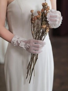 1 双人造珍珠装饰新娘婚礼派对手套，带面纱，刺绣蕾丝花朵贴花女士秋季服装