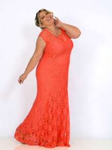 VESTIDO LONGO FESTA DE RENDA FLORAL BORDADA LARANJA, FORRADO PLUS SIZE