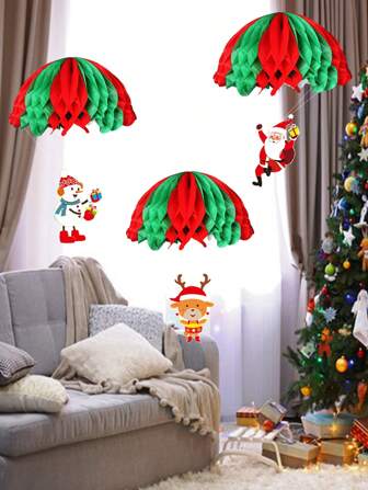 1 set (3 st)/1 set = 9 st pappersbikakehängande dekorationer, kreativa fallskärmsformade bikakehängande ornament för jul, alla hjärtans dag, bröllop, nyårsfest takdekor - jultomten, snögubbe, ren, cupid hjärta röd romantisk hängande ornament