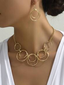 1set Fashionable Simple Round Pendant Necklace & Earrings Set - Yellow Gold - View 2