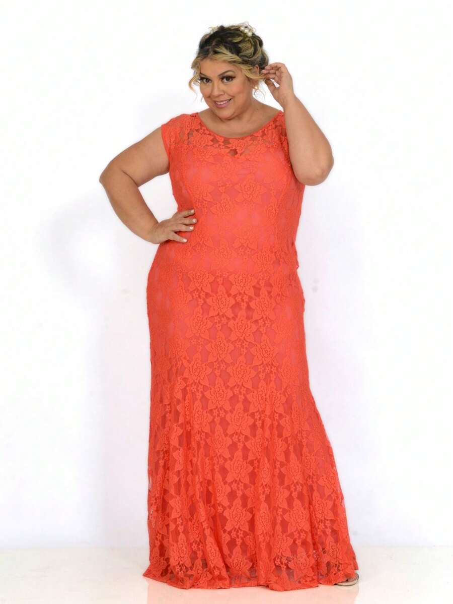 VESTIDO LONGO FESTA DE RENDA FLORAL BORDADA LARANJA, FORRADO PLUS SIZE
