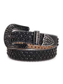 One Fashion Rhinestone Men's Belt Western Cowboy Diamond Studded Accessories - Black - View 1