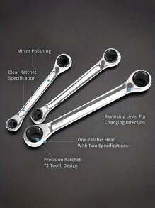 Double Head Reversible Ratchet Wrench Set Plum Quick Ratchet Wrench, Two-Way Mirror Polished Wrench Set, Four-In-One Metric Repair Tools Set Combination - Silver - View 9