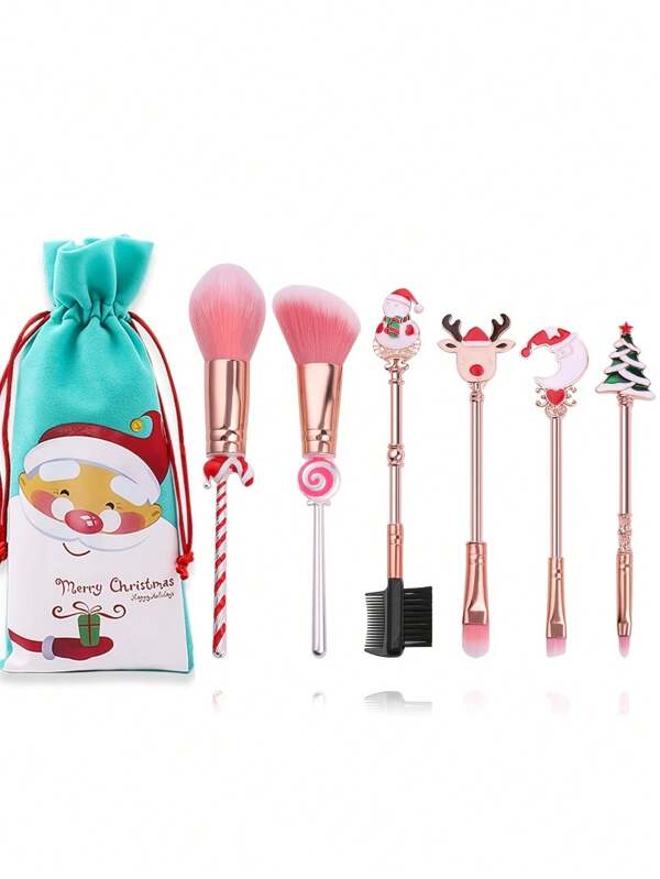 6 Stücke/set Weihnachten-themen Goldener Weihnachtsmann Rosa Candycane Weihnachtsbaum Elch Glockenförmige Make-up Pinsel - Konturieren, Abdecken Und Lidschattenpinsel, Ideale Geschenke Für Neujahr, Geburtstage, Weihnachten Und Weihnachtsfest Für Frauen, Mädchen Und Damen