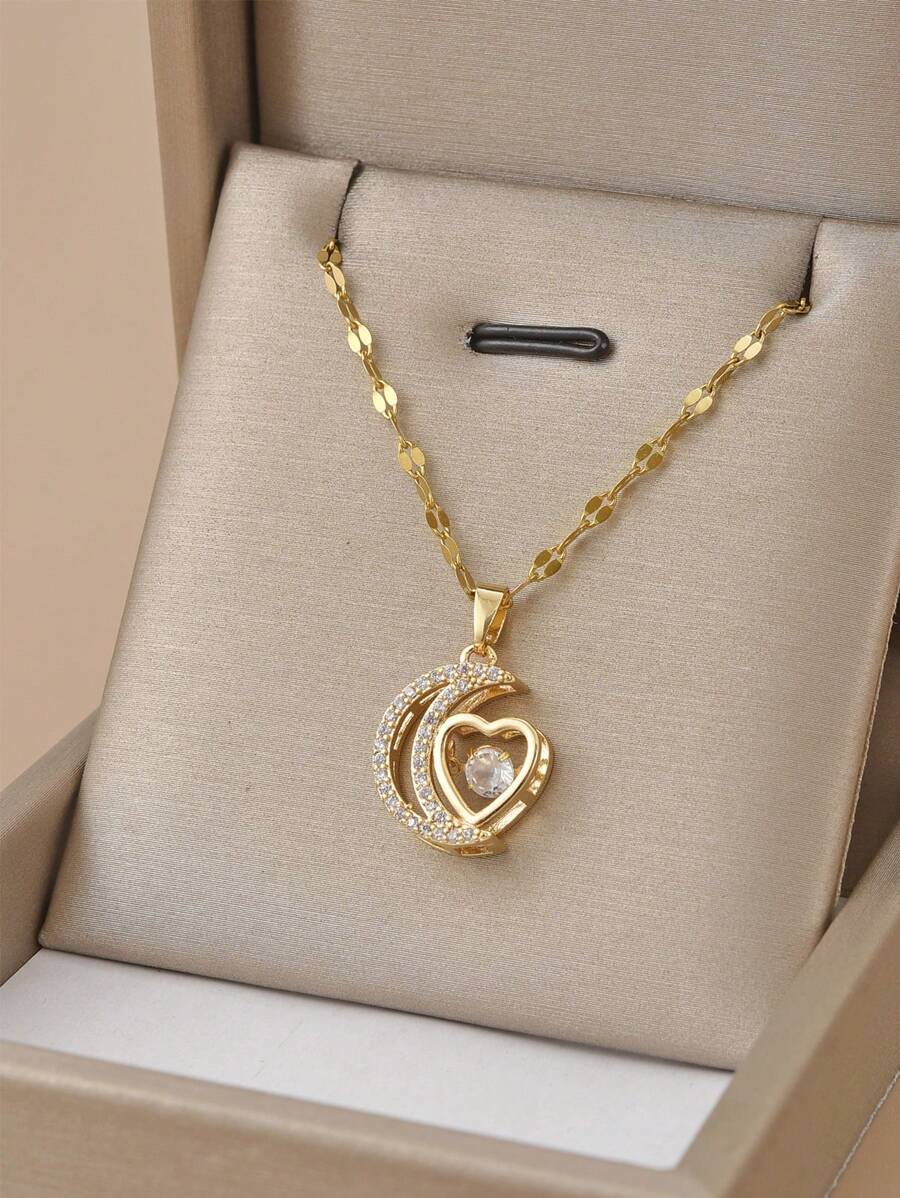 1 件时尚优雅奢华心形锆石 18K 金不锈钢项链女士