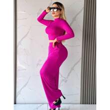 Conjunto Blusa De Manga Larga Y Pantalones Acampanados Para Mujer - Rosa Fucsia - Ver 2