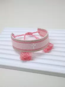 An Embroidered Cross Bohemian Handwoven Web Tassel Bracelet - Baby Pink - View 3