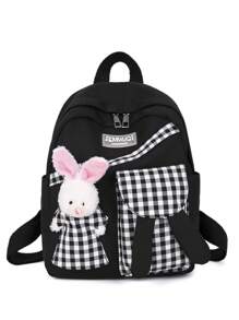 可愛的格子圖案背包,可愛的學院風書包,大容量耐用旅行背包 - 黑色 - 查看 4