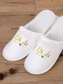 1pair White Disposable Wedding Slippers With Non-woven Fabric Decoration, Bride/bridesmaid Gift Reception Accessory - Gold - View 2