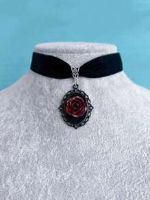 1條哥特風格樹脂黑玫瑰&絲絨貼面頸鍊,適合女性日常穿著和萬聖節,鍊子長度為33+7公分