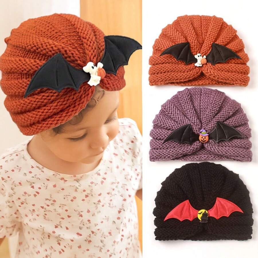 1個寶寶橙色南瓜蝙蝠針織帽,萬聖節