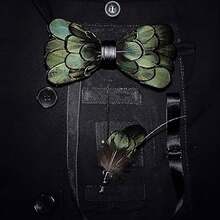 1pc Handmade Feather Bow Tie Brooch Set For Men With Gift Box - Multicolor - View 5