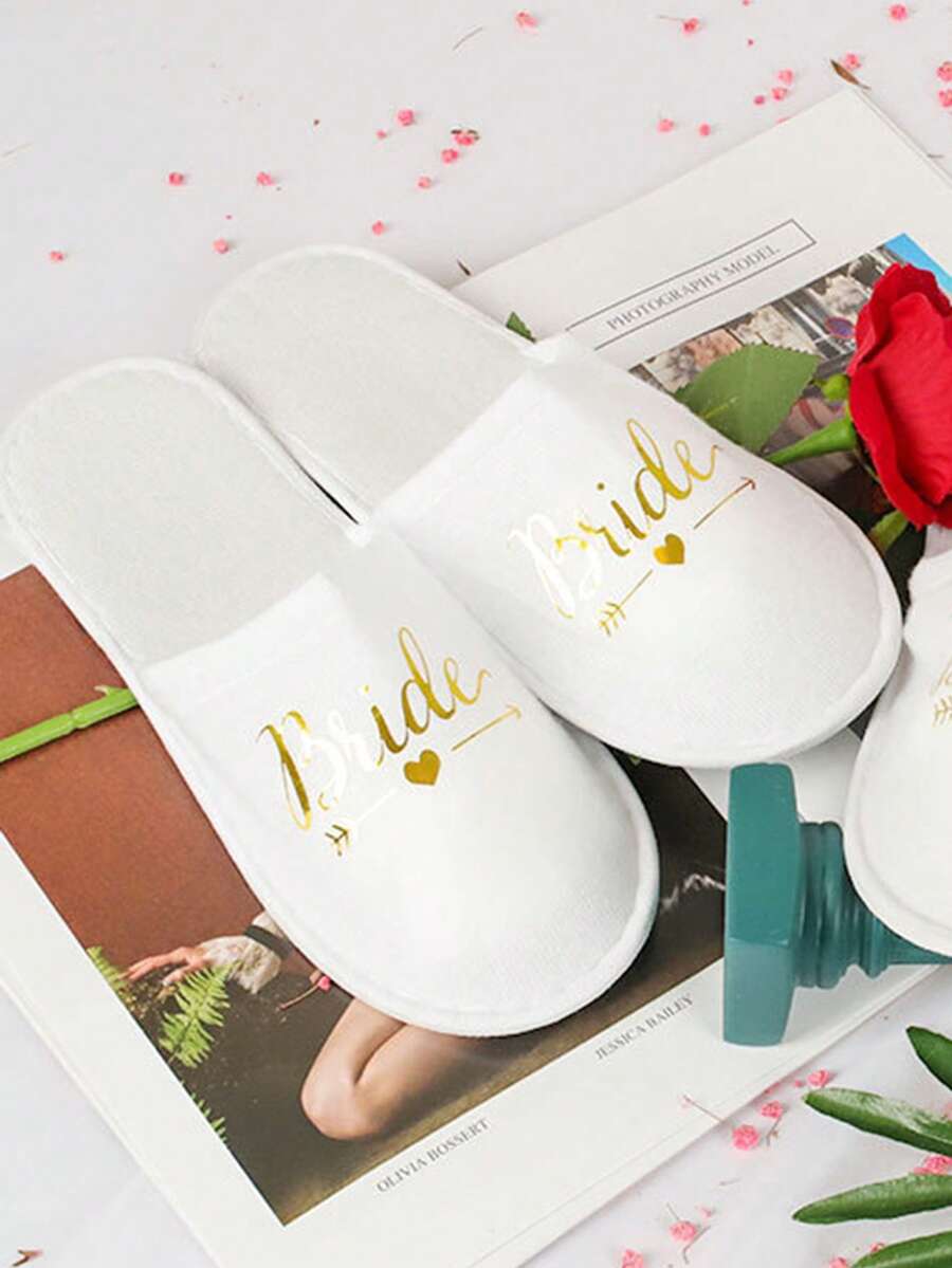 1pair White Disposable Wedding Slippers With Non-woven Fabric Decoration, Bride/bridesmaid Gift Reception Accessory - Gold - View 1