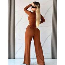 Conjunto Blusa De Manga Larga Y Pantalones Acampanados Para Mujer - Camel - Ver 2