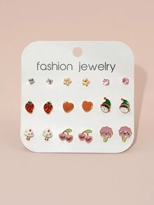9對/組五彩油滴心形、草莓、櫻桃、冰淇淋造型耳針,適用於女孩
