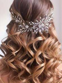 1件尖头玻璃水钻软链新娘头饰，颈后发饰链，优雅波西米亚风头冠，情人节配饰 - 銀色 - 查看 1